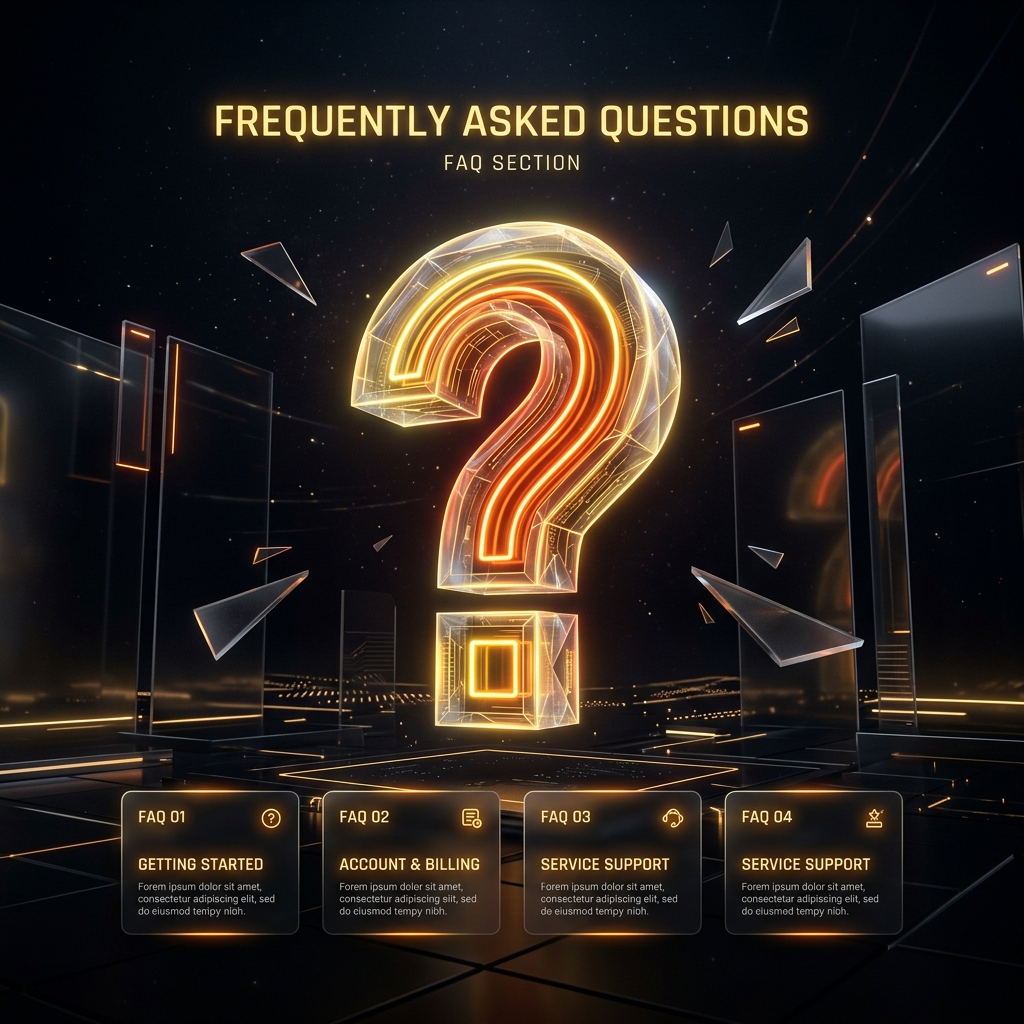 Glowing neon 3D question mark illustration for FAQ section